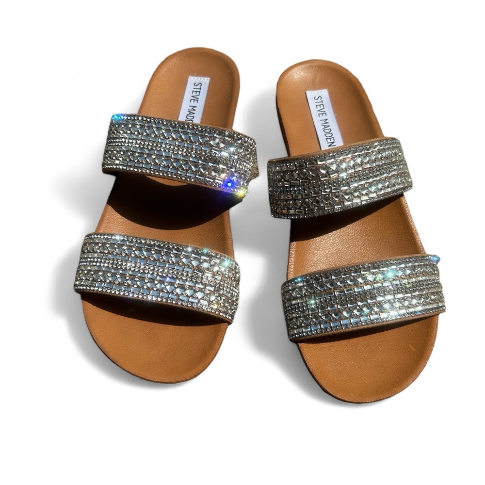 Steve Madden silver Dynamo Rhinestone sandal slides slip on size 7.5 flats